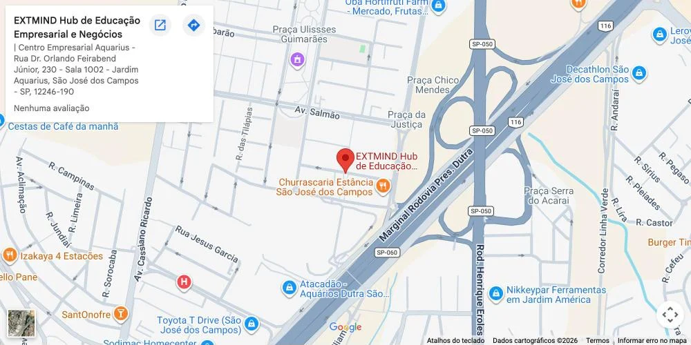 Mapa do Google com o perfil EXTMIND Hub de Educação Empresarial e Negócios, no Centro Empresarial Aquarius, em São José dos Campos. Toque para abrir o perfil no Google.